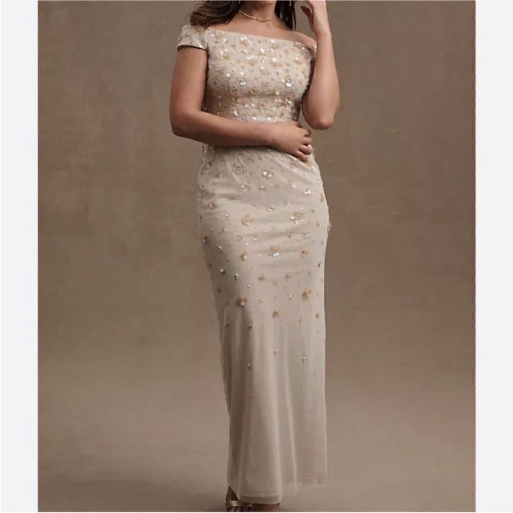NWT BHLDN Rosie Off-Shoulder Beaded Back-Slit
Column Gown Anthropologie-U2
